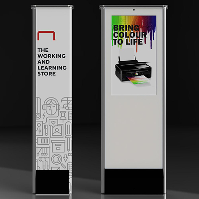 The INEO Welcoming System comprises the patented INEO Welcoming Pedestal (pictured on the right) and the INEO Welcoming G.A.T.E (pictured on the left). The products work together to secure the entrance of a retail store against theft while also delivering digital advertising to drive sales growth and retail analytics to operate the store more efficiently. (CNW Group/INEO Tech Corp.)