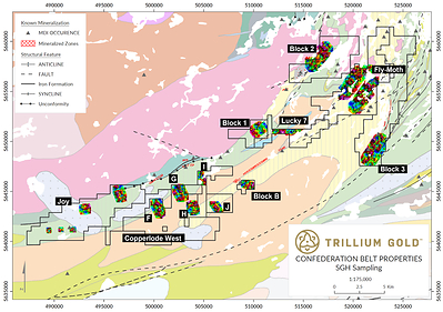 Figure 1: Project wide view of Spatiotemporal Geochemical Hydrocarbon (SGH) sampling grids highlighting several newly discovered gold anomalies on Trillium Gold Mine's Confederation belt properties. Geology from the Geological Survey of Canada Open File 4256. (CNW Group/Trillium Gold Mines Inc.)