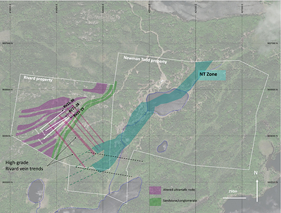 Figure 2:  Plan of Rivard holes (white) reported in this press release overlying geology with projected gold bearing veins (NW/SE) in red. NT Zone in blue running NE/SW on the Newman Todd property. (CNW Group/Trillium Gold Mines Inc.)