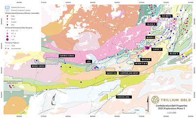 Figure 2:  Geology map showing Trillium Gold's Phase 1 planned exploration work, including geophysical surveys in the westernmost areas, Moose Creek and Caribou Creek, and the western portion of the Joy property. Soil surveys spanning the properties are in progress. (Geology base map sourced from GSC OF4265). (CNW Group/Trillium Gold Mines Inc.)