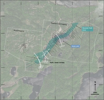 Figure 1:  Plan view of the Newman Todd / Rivard properties, the NT Zone and the 6 drillholes reported in this news release. (CNW Group/Trillium Gold Mines Inc.)