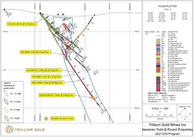 Figure 3:  Section for hole NT21-181 showing significant mineralized intersections. (CNW Group/Trillium Gold Mines Inc.)