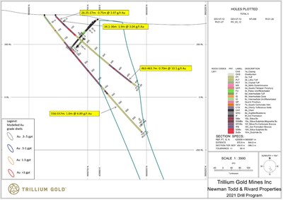 Figure 7:  Section for holes RV21-26 & RV21-27 showing significant mineralized intersections. (CNW Group/Trillium Gold Mines Inc.)
