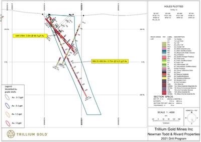 Figure 6:  Section for hole NT21-184 showing significant mineralized intersections. (CNW Group/Trillium Gold Mines Inc.)