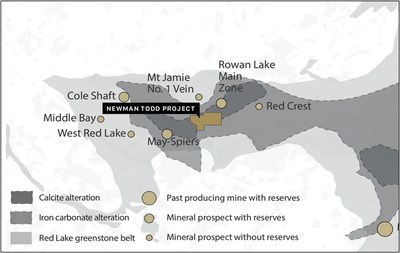 Figure 2:  Location of the Newman Todd Project now owned 100% by Trillium Gold Mines, including producing and past producing mines, mineral prospects, as well as the Red Lake Greenstone belt, geology and alteration packages (CNW Group/Trillium Gold Mines Inc.)