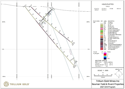 Figure 6:  Section showing drillholes RV21-26 & RV21-27. (CNW Group/Trillium Gold Mines Inc.)