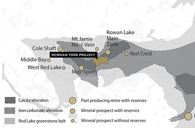 Figure 4:  Location of the Rivard and Newman Todd Properties now owned 100% by Trillium Gold Mines, including producing and past producing mines, mineral prospects, as well as the Red Lake Greenstone belt, geology and alteration packages. (CNW Group/Trillium Gold Mines Inc.)