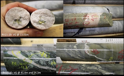 Figure 3:  VG in core from RV21-29 and RV-21-30. (CNW Group/Trillium Gold Mines Inc.)