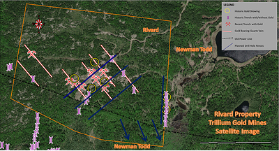Figure 1:  Satellite image of the Rivard Property showing proposed drill fences, trenches, surface gold showings, and gold bearing veins. (CNW Group/Trillium Gold Mines Inc.)