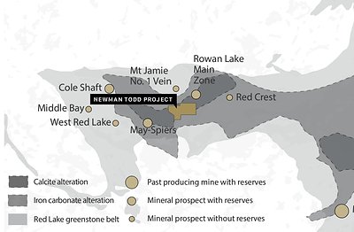 Figure 2: Location of the Rivard and Newman Todd Project Property now owned 100% by Trillium Gold Mines, including producing and past producing mines, mineral prospects, as well as the Red Lake Greenstone belt, geology and alteration packages (CNW Group/Trillium Gold Mines Inc.)