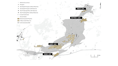 Figure 1: Newly acquired properties in the Confederation and Birch-Uchi greenstone belts, major structures and mineral occurrences. (CNW Group/Trillium Gold Mines Inc.)
