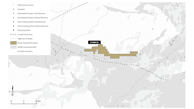 Figure 8: The recently acquired Opiwica Property relative to the greenstone belts, mineral occurrences and major faults. (CNW Group/Trillium Gold Mines Inc.)