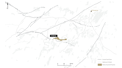 Figure 9: The recently acquired Opiwica Property relative to major structures and water bodies. (CNW Group/Trillium Gold Mines Inc.)