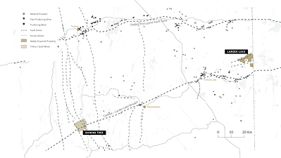 Figure 2: Newly acquired Larder Lake Project in the Larder Lake district showing relationship to the Shining Tree project, major structures and mineral occurrences. (CNW Group/Trillium Gold Mines Inc.)