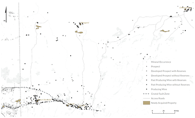 Figure 4: Newly acquired Larder Lake, Jamesie, SW Fenelon and Opawica claim blocks in northeastern Ontario and northwestern Quebec with mineral occurrences and major highways. (CNW Group/Trillium Gold Mines Inc.)