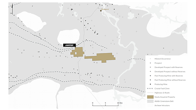 Figure 6: The recently acquired Jamesie Property relative to the greenstone belts, mineral occurrences and major faults. (CNW Group/Trillium Gold Mines Inc.)