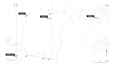 Figure 3: Newly acquired Larder Lake, Jamsie, SW Fenelon and Opawica claim blocks in northeastern Ontario and northwestern Quebec with major population centres and highways (CNW Group/Trillium Gold Mines Inc.)