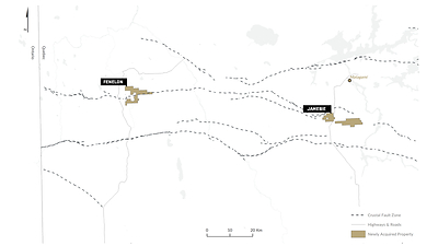 Figure 7: The recently acquired SW Fenelon and Jamesie properties relative to major structures and water bodies (CNW Group/Trillium Gold Mines Inc.)
