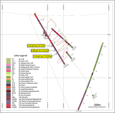 Diagram 2: DDH NT20-165, vertical section, looking northeast, 20m window. NT Zone outline dipping SE (right), internal wireframes are mineralized shapes used in 2015 Preliminary Economic Evaluation. (CNW Group/Trillium Gold Mines Inc.)