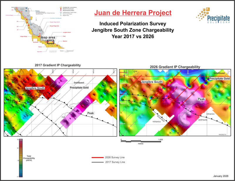 Figure 1: 2026 Jengibre South IP chargeability anomalies; plan map
and sections, Juan de Herrera Project