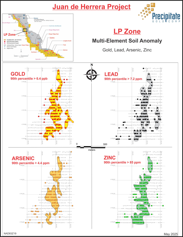 Figure 1: Gold-in-Soil Geochemical map,
     



      LP
Zone
     



      of
the Juan de Herrera Project