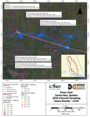 Figure 1 : Elmer East – Map of Channels and Mapped and Interpreted Mineralization (CNW Group/Comet Lithium Corporation)
