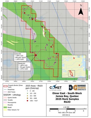 Figure 3: Elmer East – Map of Rubidium Oxide Assay Results (CNW Group/Comet Lithium Corp.)