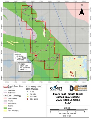 Figure 2: Elmer East – Map of Lithium Oxide Assay Results (CNW Group/Comet Lithium Corp.)