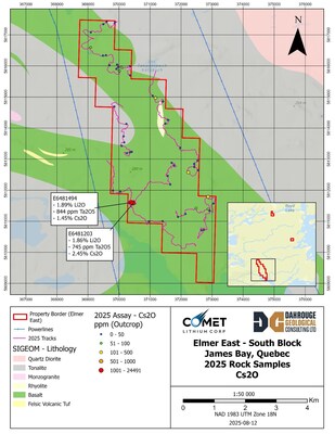 Figure 1: Elmer East – Map of Caesium Oxide Assay Results (CNW Group/Comet Lithium Corp.)