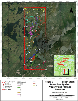 Figure 1 : Triple L - South Block – 2025 Field Program – Planned Traverses (CNW Group/Comet Lithium Corporation)