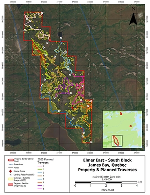 Figure 2 : Elmer East - South Block – 2025 Field Program – Planned Traverses (CNW Group/Comet Lithium Corporation)