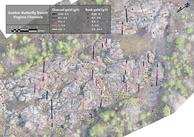 Figure 3: Gold results from channels and samples taken by Virginia Gold in 1994 from the Golden Butterfly outcrop (CNW Group/Comet Lithium Corporation)