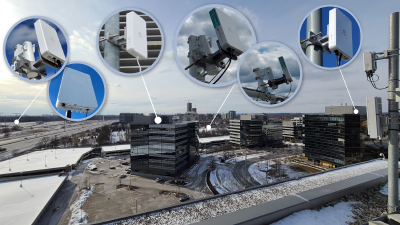 Fixed wireless 5G radio from Nokia shown (far right) on rooftop of TeraGo’s head office is being tested at various distances with trial Customer Premise Equipment (CPE) by Inseego and Askey. (CNW Group/TeraGo Inc.)