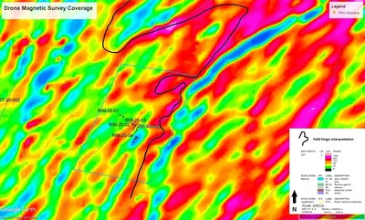 Drone Magnetic Survey Coverage and Fold Hinge Interpretation (CNW Group/X-Terra Resources Inc.)