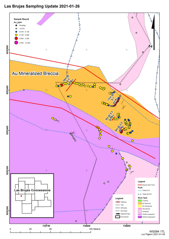 Figure 1: Las Brujas Sampling at the
El Alambique Prospect to end-2020
   
   
    
     
    
    
    Click Image To View Full Size