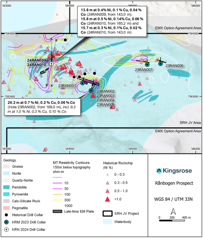 Figure 2: Map showing reported drill
holes, geology, MT conductive anomalies, modelled EM