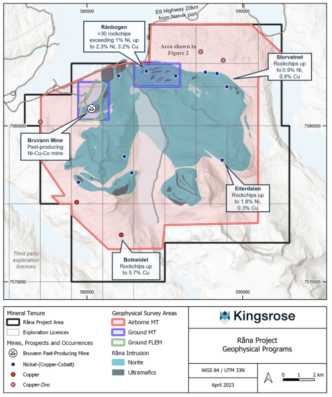 Figure 1: Råna Project area and
location of 2023 geophysical programs