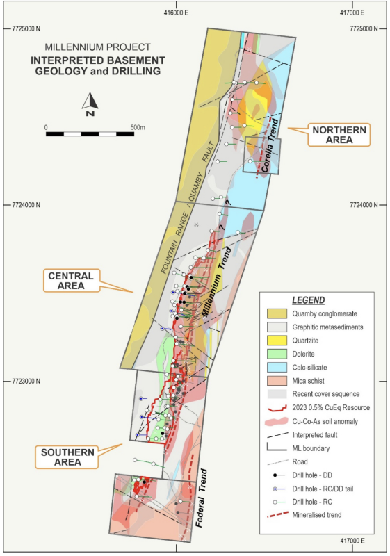 Figure 7: Simplified geology of the
Millennium Co-Cu Project showing 2023