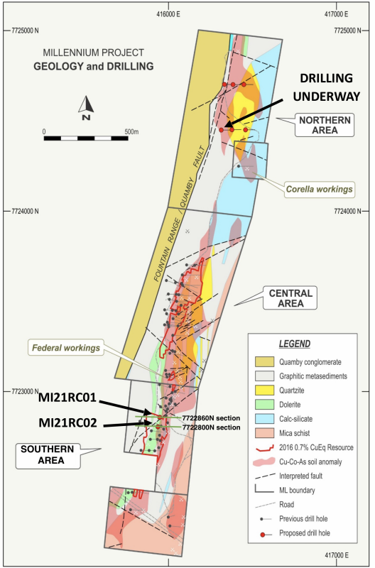 Figure 2: Map showing
existing Millennium resource zone and exploration targets, including
the Northern Extension target area and proposed
drilling.