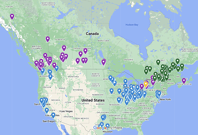 Good Shroom Retailer Heat Map. Includes all brands: Teonan (blue & purple), Nordique Royale (green & yellow) & Velada (green & yellow). 04/01/2023 (CNW Group/The Good Shroom Co Inc.)