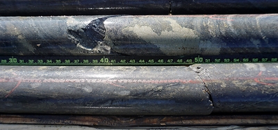 Figure 4.  QC-B3-25-006 core from 48.78m to 48.08m in upper picture and 50.30m to 50.60m in lower picture. (CNW Group/Metalex Ventures Ltd.)
