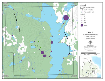 Map 2. Gold results from heavy mineral samples in claim block A5. (CNW Group/Metalex Ventures Ltd.)