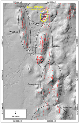 Figure 2: Plainview map showing the area included in the maiden Mineral Resource, location of 2022 drill holes (black line, blue-collar) and Mineral Resource expansion potential to the south. (CNW Group/Mantaro Precious Metals Corp.)