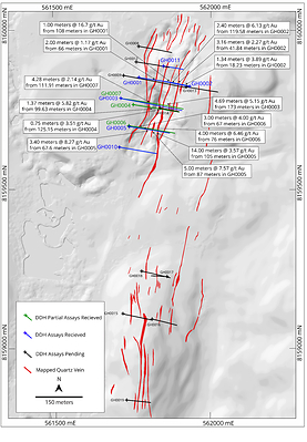 Figure 1: Cross Section showing received assay results from GH0005 and previously reported GH0006 (CNW Group/Mantaro Precious Metals Corp.)