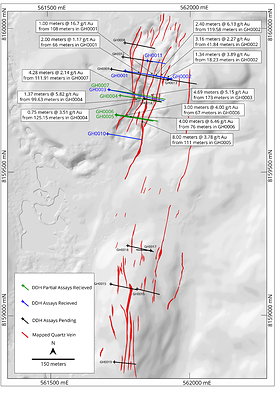 Figure 4: Plan view mapping showing the locations of holes drilled on the Golden Hill Property. Highlighting holes with full Assay results received (blue), Partial assay results received (green) and holes with all assays pending (black). (CNW Group/Mantaro Precious Metals Corp.)