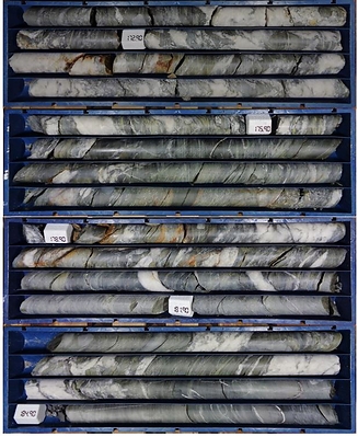 Figure 2 – Drill Core from Down Dip Extension of the ’C’ Structure.  Silicified shear zone with dense quartz veining with high sulphide content, intercepted from 171.75 to 184.00 meters in hole GH0003. (CNW Group/Mantaro Precious Metals Corp.)