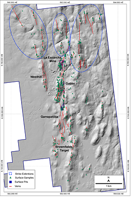 Figure 1 – Surface Sample Assays Collected and New Vein Extensions at the Golden Hill Property (CNW Group/Mantaro Precious Metals Corp.)