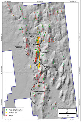 Figure 2 – Golden Hill Property. The core of the property extends from La Escarcha to Brownfield where multiple quartz veins define a 4 km long trend – many with surface workings. Recent mapping by the company has defined numerous other veins. Underground development at La Escarcha extends approximately 90 m vertical. (CNW Group/Mantaro Precious Metals Corp.)