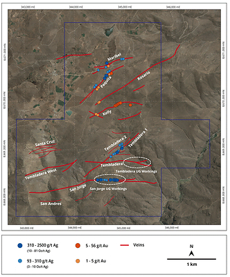 Figure 1: Map of Santas Gloria vein system and silver grades from surface channel sampling. etallurgical samples were taken from the San Jorge UG workings. (CNW Group/Mantaro Silver Corp.)