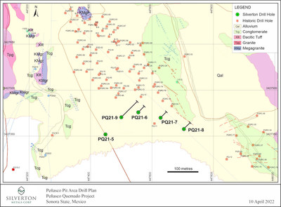 Figure 2. Detail view of the Peñasco Pit area showing historic holes and current SVTN holes (green dots).